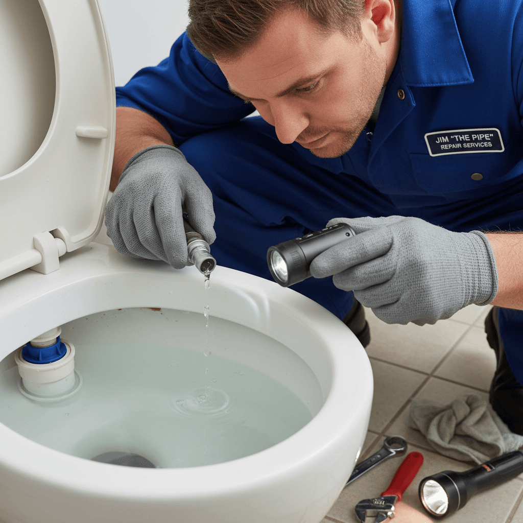 Plumber checking toilet for water leak