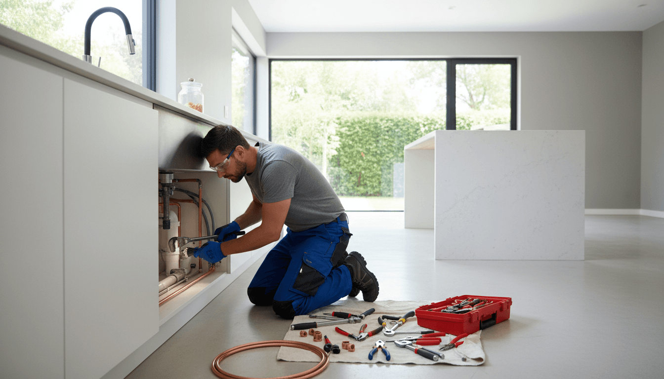 Plumber repairing a kitchen faucet with tools on counter