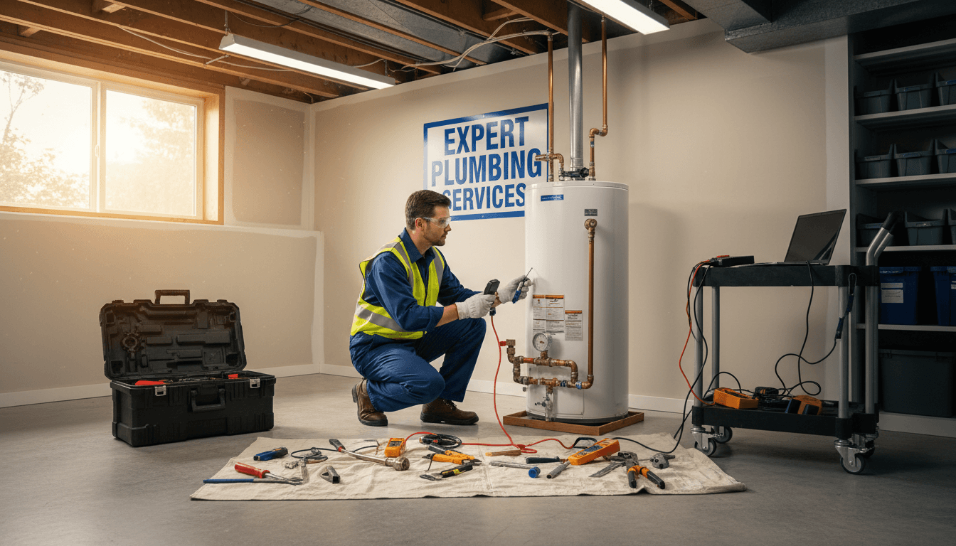 Professional plumber in uniform installing new water heater unit in residential basement utility space with visible tools and equipment